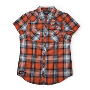Harley-Davidson Women's M Genuine Oil Can Plaid‎ Short Sleeve Snap Button Shirt